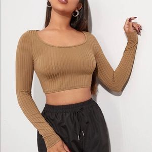 SHEIN Beige Cropped Ribbed Knit Long Sleeve Top M New